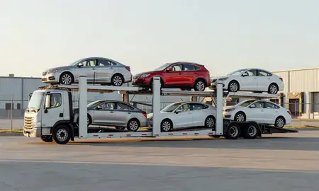 Car transporter loaded with vehicles in Sapulpa, Oklahoma, United States
