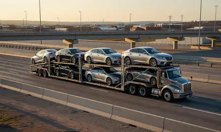 Car transporter with the Sapulpa, Oklahoma, United States skyline behind it