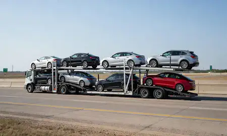 Multi-level car carrier on the highway to Shawnee, Oklahoma, United States