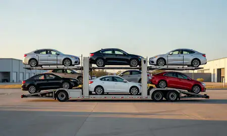 Car transporter parked in an industrial area of Shawnee, Oklahoma, United States