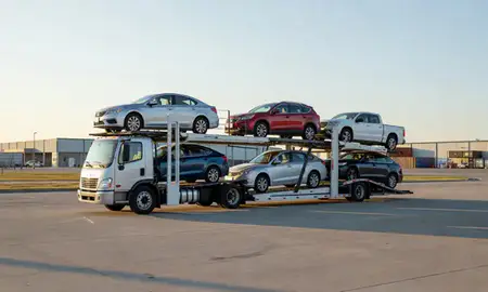 Car transporter loaded with vehicles in Shawnee, Oklahoma, United States