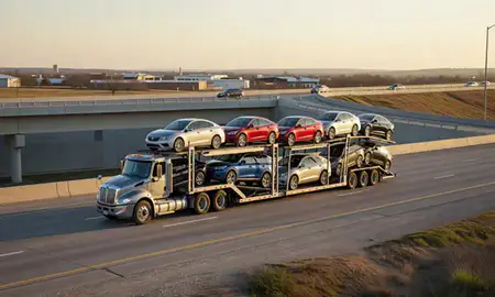 Car transporter with the Shawnee, Oklahoma, United States skyline behind it