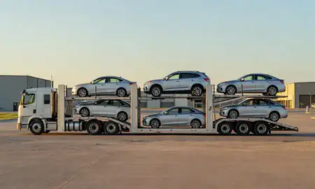 Car transporter parked in an industrial area of Stillwater, Oklahoma, United States