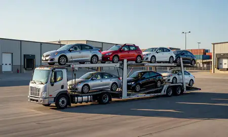 Car transporter loaded with vehicles in Stillwater, Oklahoma, United States