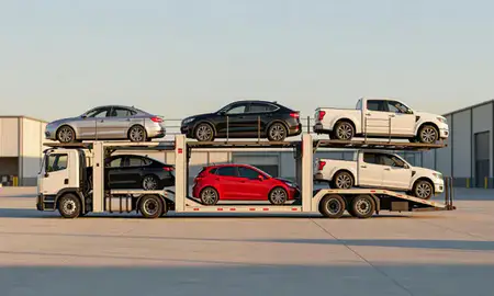Car transporter parked in an industrial area of Tulsa, Oklahoma, United States