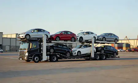 Car transporter loaded with vehicles in Tulsa, Oklahoma, United States