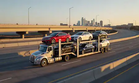 Car transporter with the Tulsa, Oklahoma, United States skyline behind it