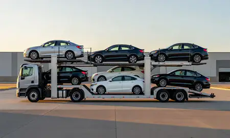 Car transporter parked in an industrial area of Yukon, Oklahoma, United States