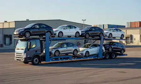 Car transporter loaded with vehicles in Yukon, Oklahoma, United States