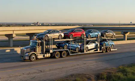 Car transporter with the Yukon, Oklahoma, United States skyline behind it