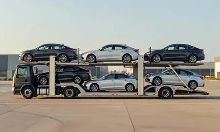 Car transporter parked in an industrial area of Oregon, United States