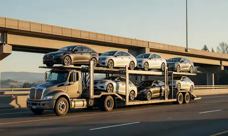 Car transporter with the Oregon, United States skyline behind it