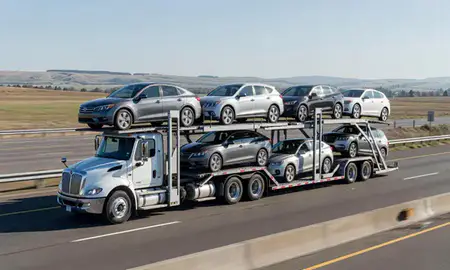 Multi-level car carrier on the highway to Albany, Oregon, United States