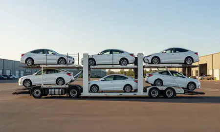 Car transporter parked in an industrial area of Albany, Oregon, United States