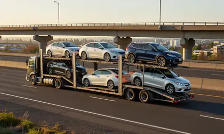 Car transporter with the Albany, Oregon, United States skyline behind it