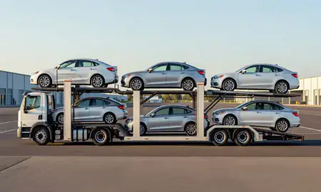 Car transporter parked in an industrial area of Aloha, Oregon, United States