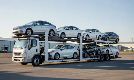 Car transporter loaded with vehicles in Aloha, Oregon, United States