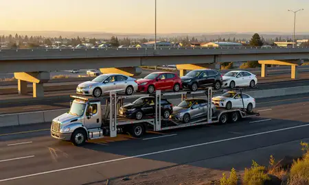Car transporter with the Aloha, Oregon, United States skyline behind it