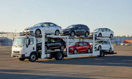 Car transporter loaded with vehicles in Beaverton, Oregon, United States