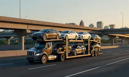 Car transporter with the Beaverton, Oregon, United States skyline behind it