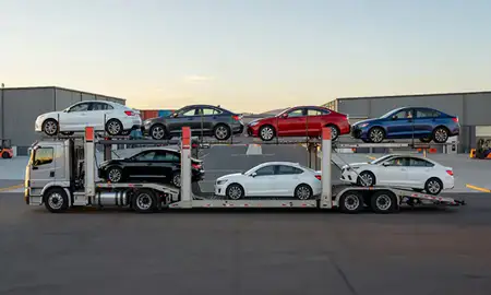 Car transporter parked in an industrial area of Bend, Oregon, United States