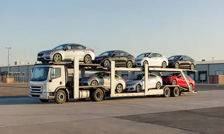 Car transporter loaded with vehicles in Bend, Oregon, United States