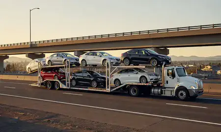 Car transporter with the Bend, Oregon, United States skyline behind it