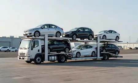 Car transporter loaded with vehicles in Bethany, Oregon, United States