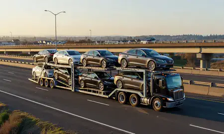 Car transporter with the Bethany, Oregon, United States skyline behind it