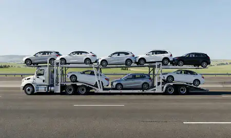 Multi-level car carrier on the highway to Corvallis, Oregon, United States