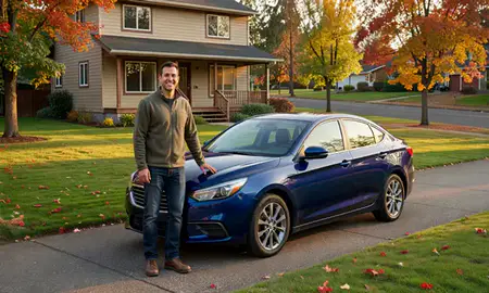 Customer with their delivered car in Eugene, Oregon, United States