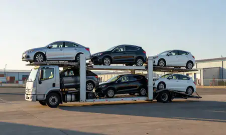 Car transporter loaded with vehicles in Eugene, Oregon, United States