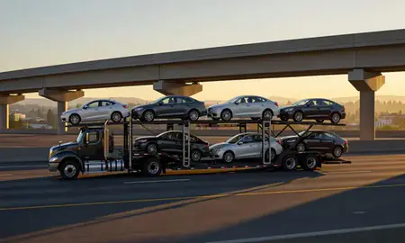 Car transporter with the Eugene, Oregon, United States skyline behind it