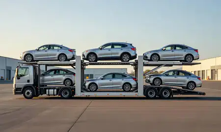 Car transporter parked in an industrial area of Forest Grove, Oregon, United States