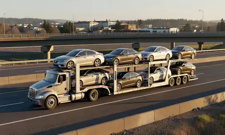 Car transporter with the Forest Grove, Oregon, United States skyline behind it