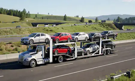 Multi-level car carrier on the highway to Grants Pass, Oregon, United States