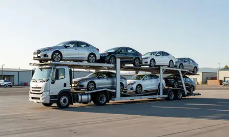 Car transporter loaded with vehicles in Grants Pass, Oregon, United States
