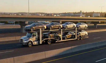 Car transporter with the Gresham, Oregon, United States skyline behind it