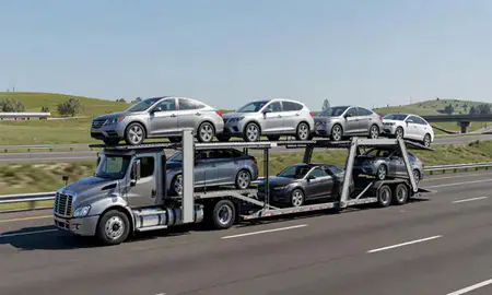 Multi-level car carrier on the highway to Happy Valley, Oregon, United States
