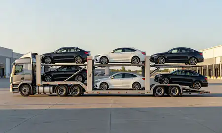 Car transporter parked in an industrial area of Happy Valley, Oregon, United States