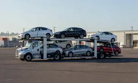Car transporter loaded with vehicles in Happy Valley, Oregon, United States