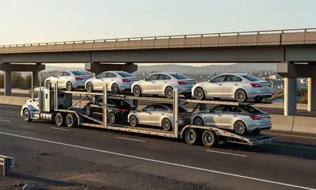 Car transporter with the Happy Valley, Oregon, United States skyline behind it