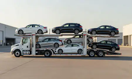 Car transporter parked in an industrial area of Hayesville, Oregon, United States