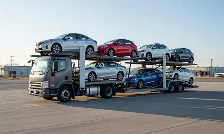 Car transporter loaded with vehicles in Hayesville, Oregon, United States