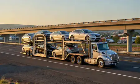 Car transporter with the Hayesville, Oregon, United States skyline behind it