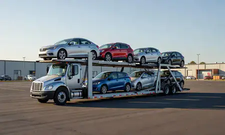 Car transporter loaded with vehicles in Hillsboro, Oregon, United States