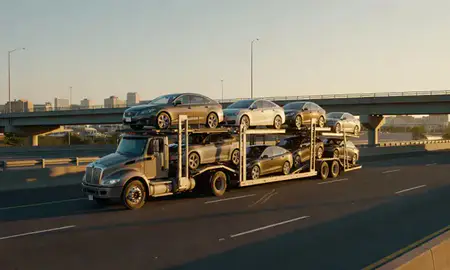 Car transporter with the Hillsboro, Oregon, United States skyline behind it