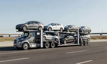 Multi-level car carrier on the highway to Keizer, Oregon, United States