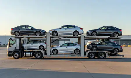 Car transporter parked in an industrial area of Keizer, Oregon, United States