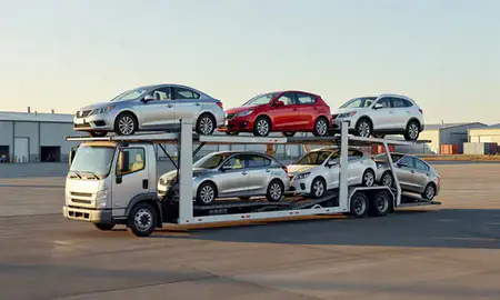 Car transporter loaded with vehicles in Keizer, Oregon, United States